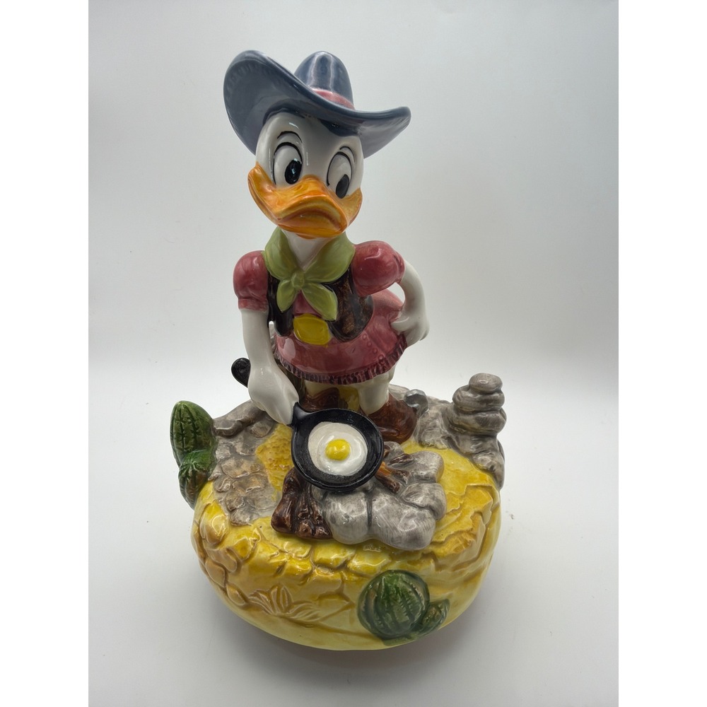 Vintage Disney Daisy Duck Cowgirl Ceramic Music Box Japan Cooking Campfire 7.5"